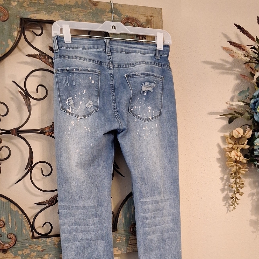 Trendy Paint Splatter Blue Distressed  Skinny Jeans. Size Medium - Picture 10 of 12